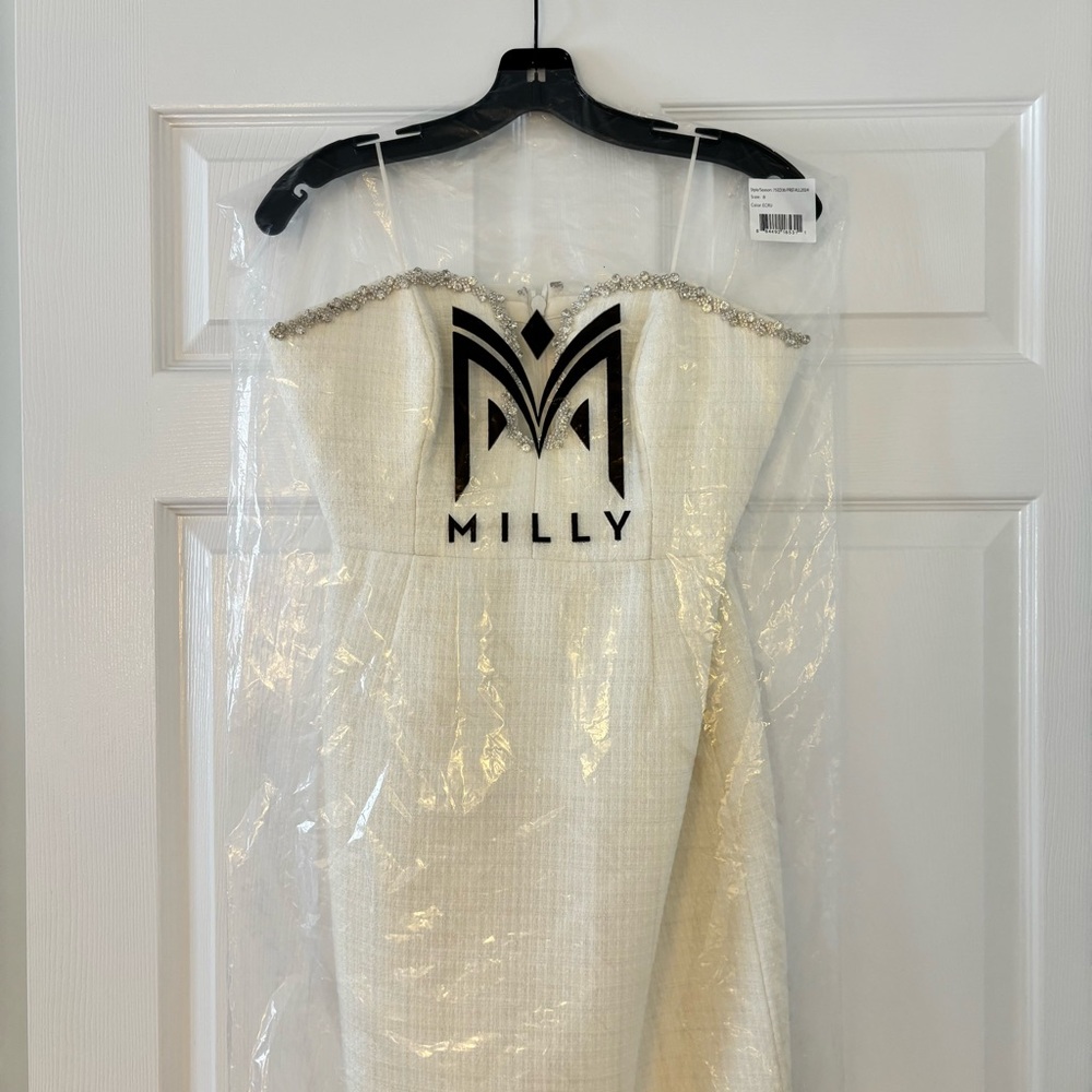 Milly Emelia Boucle Strapless Midi Dress with Neckline Embellishment, Size 8 - Picture 5 of 7